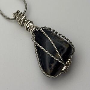 Silver and Black Wire Wrapped Pendant Necklace